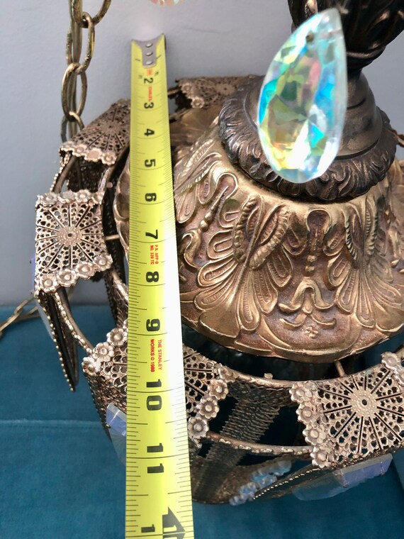 Ornate Gold Filigree & Crystal Hollywood Regency Swag Lamp