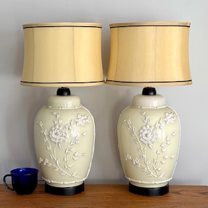 PAIR Ivory/Ecru Chinoiserie (Glass) Ginger Jar Lamp Bases~ MCM Ceramic Raised Floral Design- Circa 1950-1980s