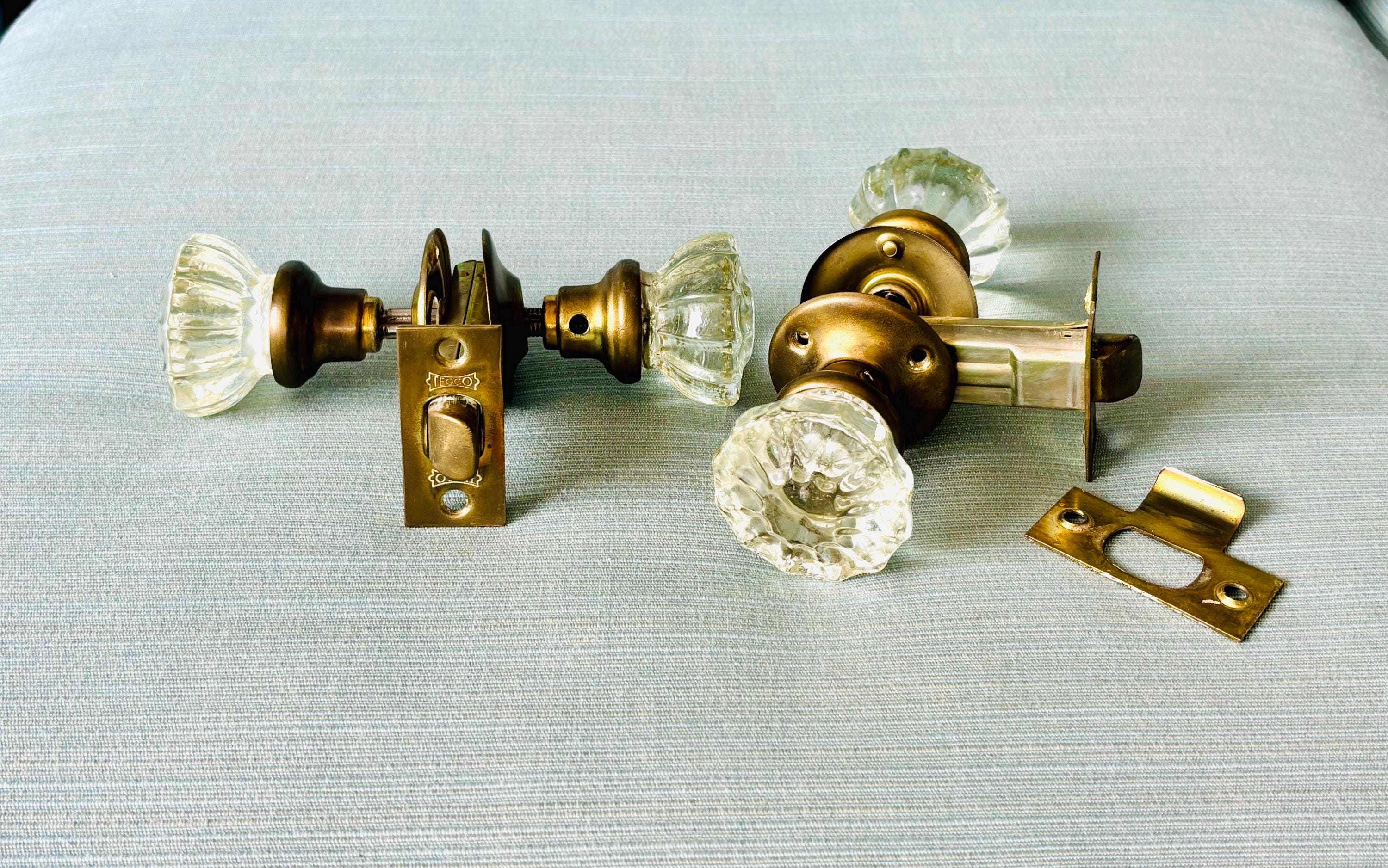 ガラス　ドアノブ　レトロ ヴィンテージ/アンティークガラスドアノブ ペア (直径12インチ丸型