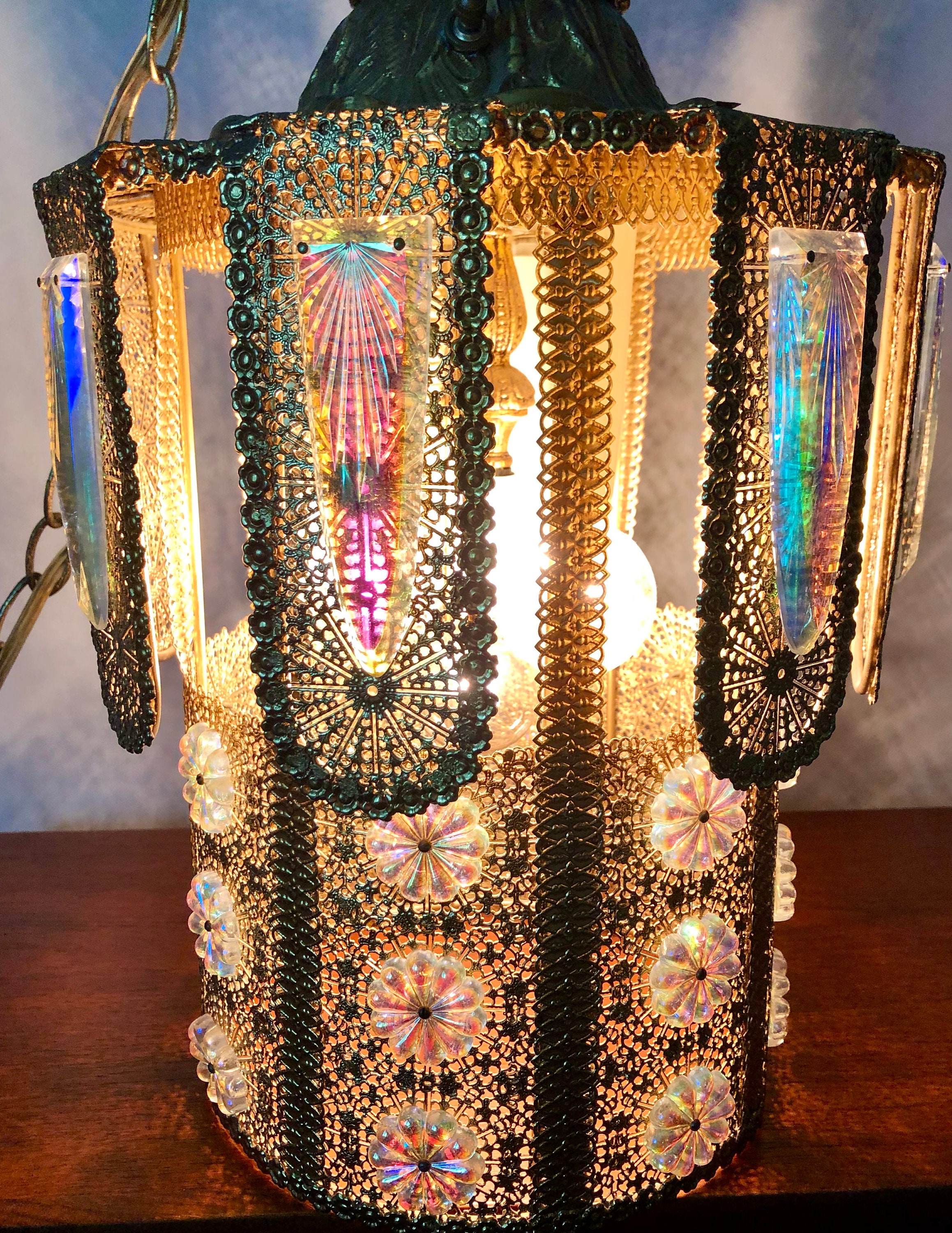 Ornate Gold Filigree & Crystal Hollywood Regency Swag Lamp