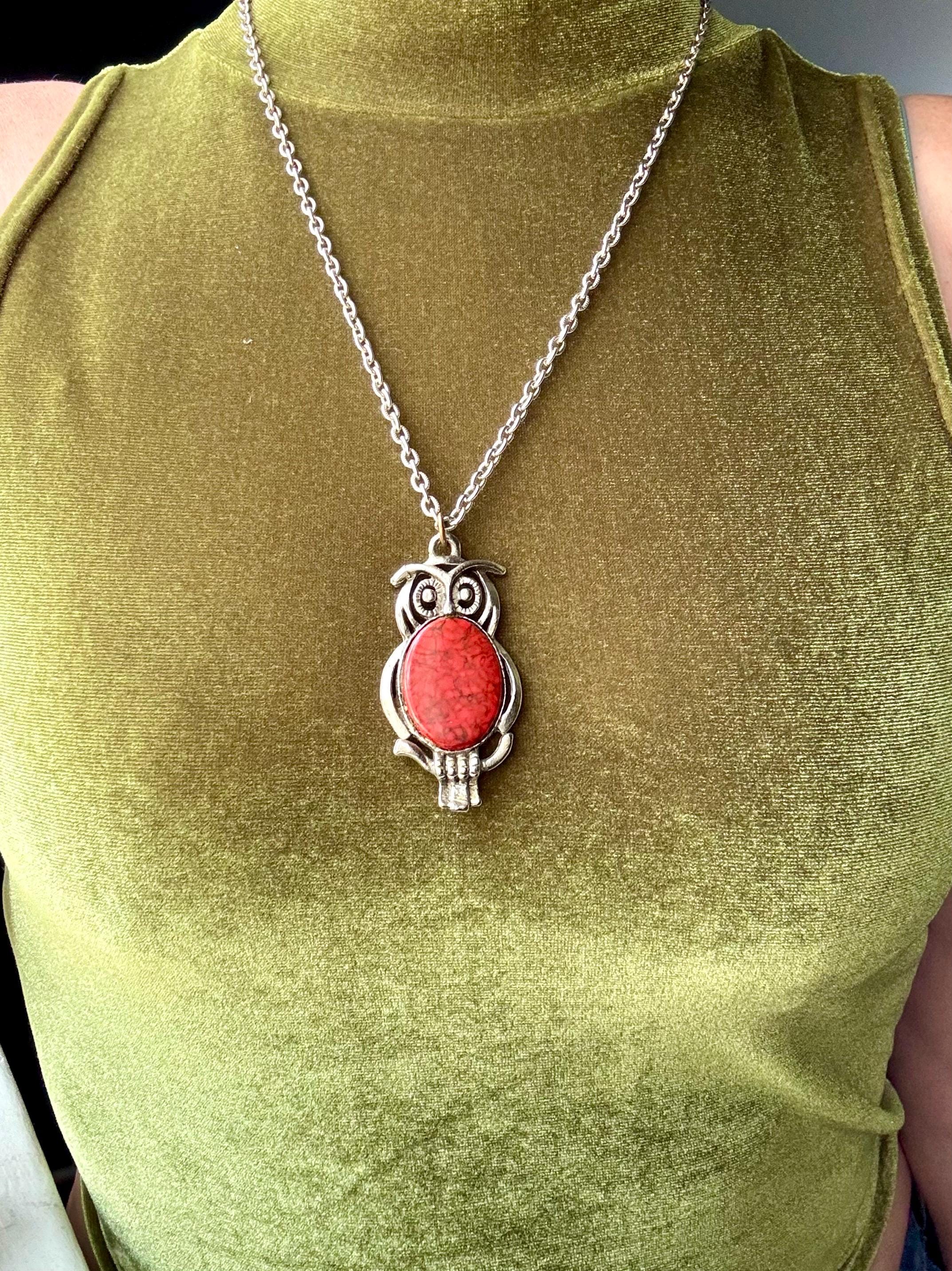 MCM Owl Statement Necklace~ Silver Tone with inset Stone in Orangey-Red. (Circa 1960-70s)