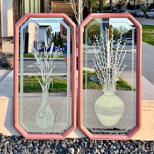 PAIR 80s Post Modern Pink & Gold Etched Art Mirrors - Large (3 Feet Tall)