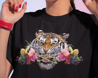 Angry Tiger Damen T Shirt, Tiger mit Blumen