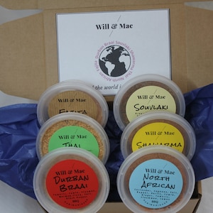 BBQ Seasonings From Around The World. Thai, Durban Braai, North African, Souvlaki, Fajita and Shawarma. Great personalised gift