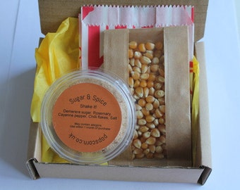 Kit de condimento gourmet de palomitas de maíz con delicioso condimento natural de azúcar y especias y granos de palomitas de maíz / Regalo personalizado