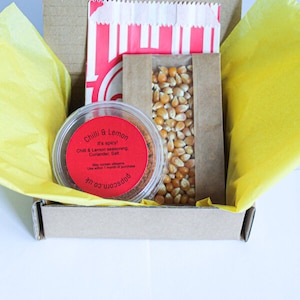 Kit de condimentos gourmet para palomitas de maíz con chile y limón con delicioso sabor totalmente natural. Noche de cine, Gran regalo personalizado.
