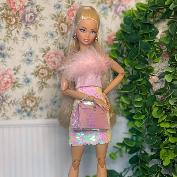 1/6スケールファッションドール用、可愛いピンクのふわふわトップスとスパンコールスカート