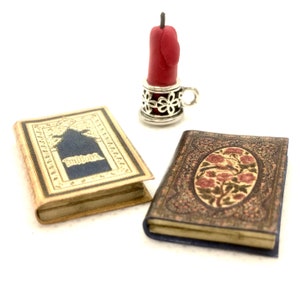 1:12 scale set of 2 dollhouse book and a miniature candle holder with candle,  miniature library accessories