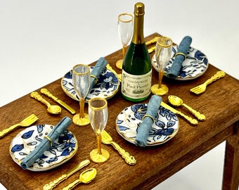 1:12 scale gold-blue miniature tableware set, exquisite dollhouse accessories