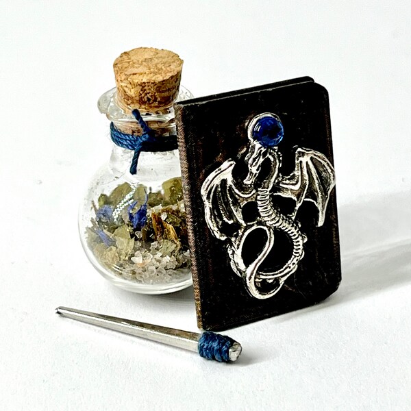 1:12 scale mini set of dragon book, witches potion and magic wand, magical dollhouse witchery accessories