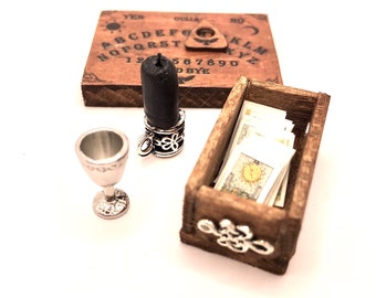 1:12 scale seance set of miniature ouija board, ceremonial goblet, tarot card box and black candle, miniature witchery accessories