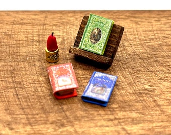 1:24 scale Set with 3 Miniature Fairy Tale Books, Book Stand and Candle, Dollhouse Library Accessories