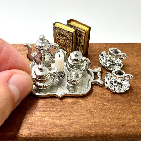 1:12 scale Dollhouse Literary Tea Set with Miniature Books, a Silver Miniature Tea Set, Candle and silver tray