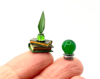 1:24 scale green witchery set with dollhouse books, crystal ball and quill & ink, dollhouse witchery accessories