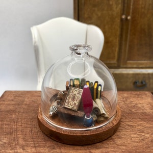 Könnte beinhalten: Eine Miniatur-Glaskuppel mit einem Holzsockel, die eine Sammlung von Miniaturbüchern, Schriftrollen und einer Feder enthält. Die Bücher sind in Leder gebunden und haben goldene Beschriftungen. Die Schriftrollen sind aus Pergament und aufgerollt. Die Feder ist aus Holz und hat eine rote Feder.