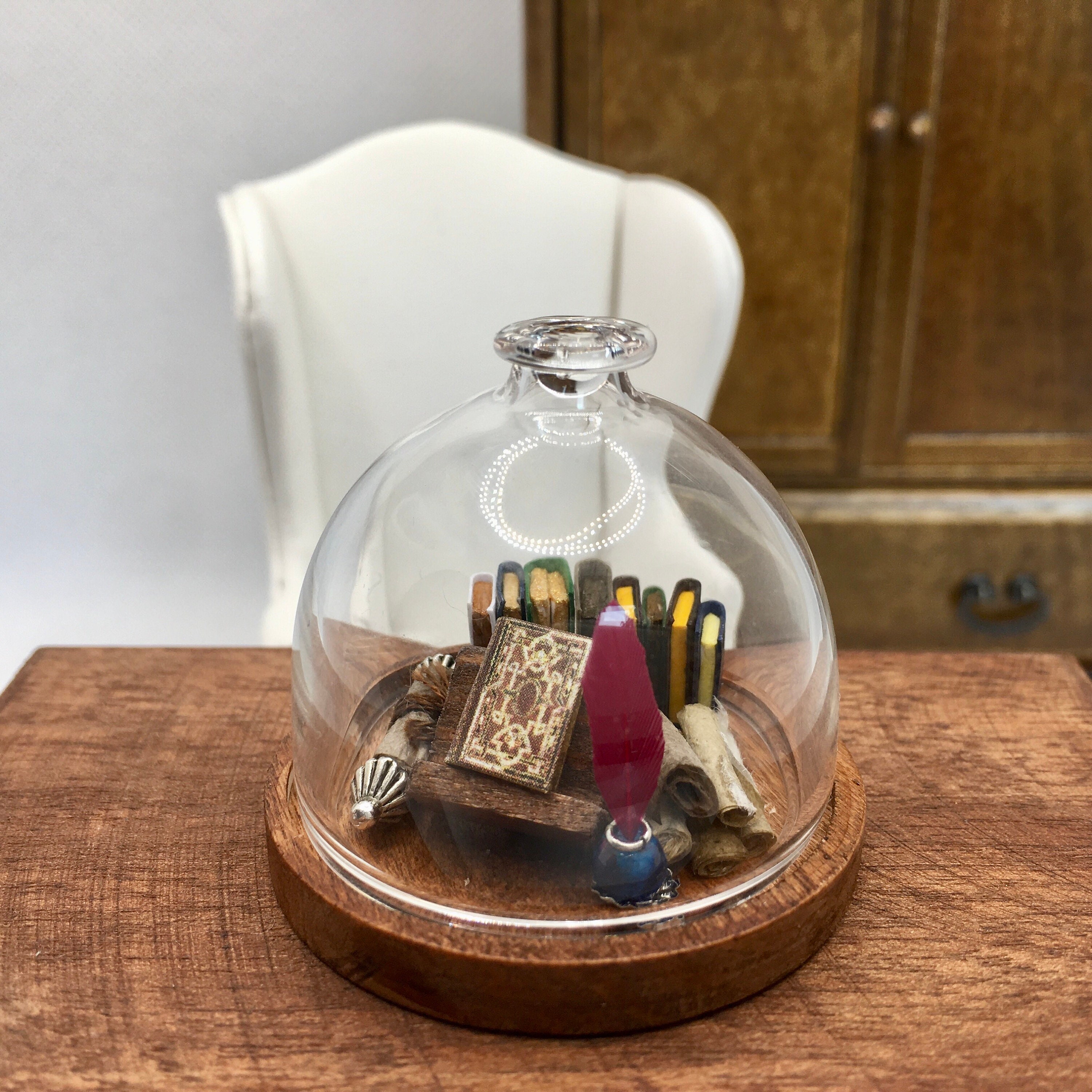 1:24 scale miniature library with 9 books, bookstand, scrolls, quill & ink, dollhouse mini library