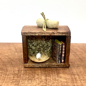1:24 scale mini book box with miniature books, bird nest and scroll, Miniature Accessories