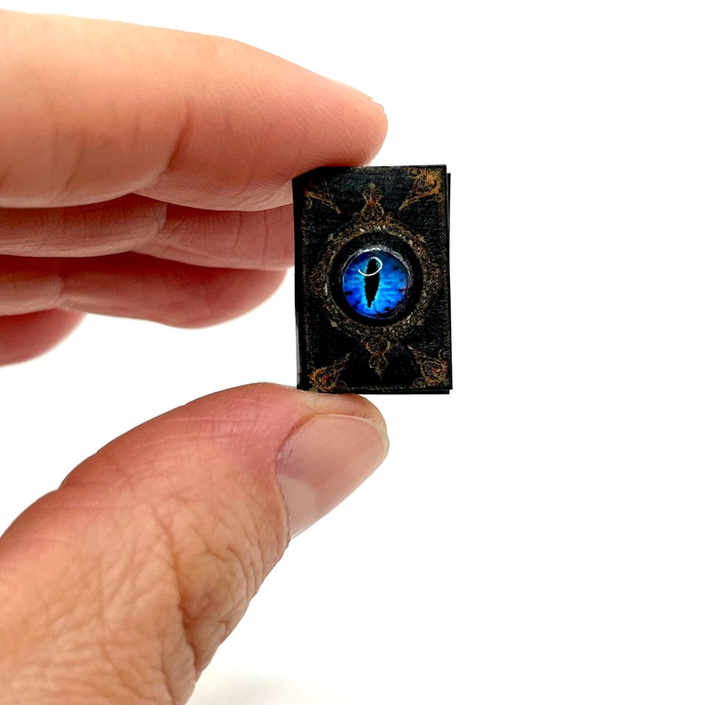 May include: Miniature black book with a blue eye design on the cover. The eye is detailed with a white highlight. The book has gold-colored filigree around the eye and on the corners. The book is held between two fingers.