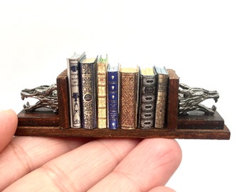1:12 scale miniature dragon bookshelf with (optional) 7 dollhouse books, dollhouse library accessories