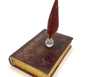 1:6 scale antique miniature book and quill and ink, dollhouse library accessories