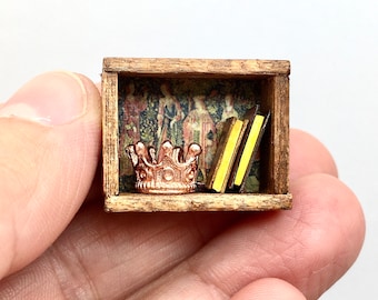 1:24 scale medieval miniature bookcase, miniature books and crown, Dollhouse Accessories