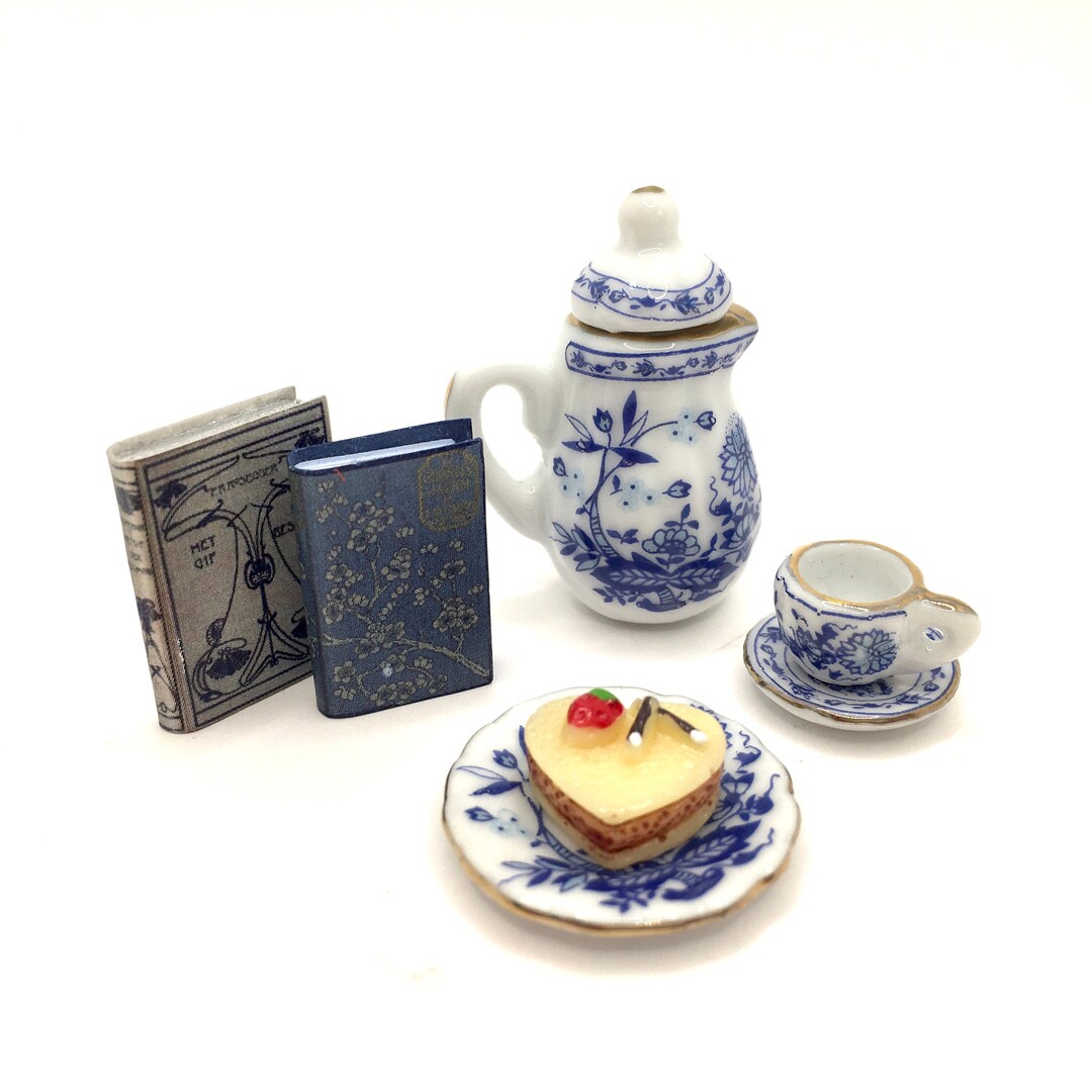 Spring Tea Sets 1:12 Scale Spring Tea Set of Dollhouse Books, Miniature Tea Set and ...