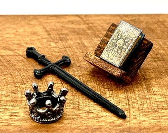 1:24 scale Historic Set of 1 Dollhouse Book on a bookstand, sword and crown, Miniature Library Accessories