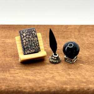 1:24 scale magical set with miniature book on bookstand, quill & ink and glittering crystal ball, dollhouse accessories