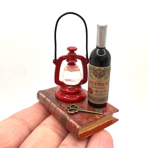 1:6 scale Set with antique dollhouse book, oil lamp and wine bottle and key, miniature library accessories