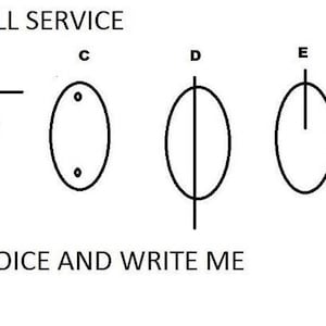 May include: A diagram with six different oval shapes, each labeled with a letter from A to F. The ovals have different markings, such as a dot, a line, or two lines. The text "FREE DRILL SERVICE" is at the top of the diagram, and the text "SELECT YOUR CHOICE AND WRITE ME" is at the bottom.