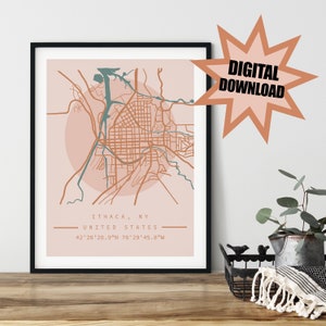 May include: A printable digital download of a map of Ithaca, New York, United States. The map is in a minimalist style with a peach background and brown lines. The text "ITHACA, NY UNITED STATES 42°26'26.9"N 76°29'45.8"W" is at the bottom of the map.