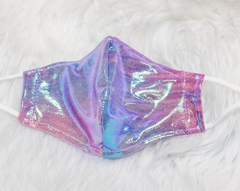 Holographic Iridescent Tie Dye Dressy face mask with nose wire and filter pocket. Perfect for date night, Prom, Wedding, Party, festivals