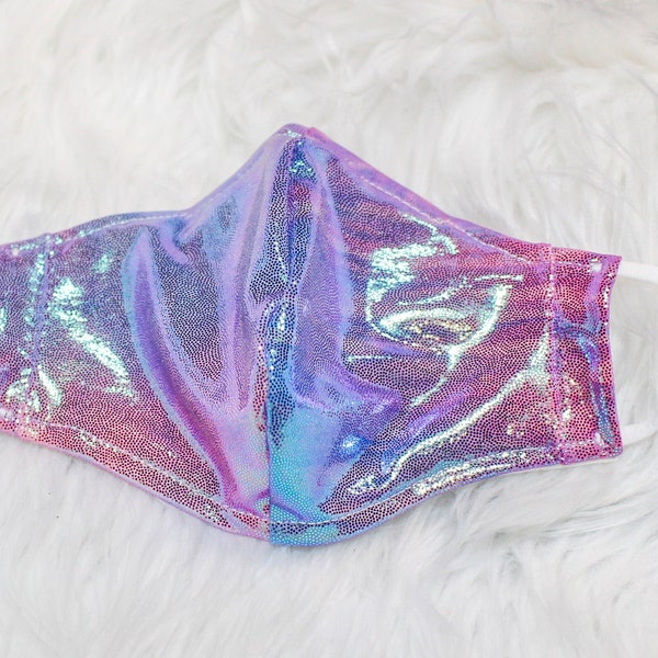 Holographic Iridescent Tie Dye Dressy face mask with nose wire and filter pocket. Perfect for date night, Prom, Wedding, Party, festivals