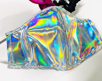 Holographic Iridescent Dressy face mask with nose wire and filter pocket. Perfect for date night, Prom, Wedding, Party, festivals