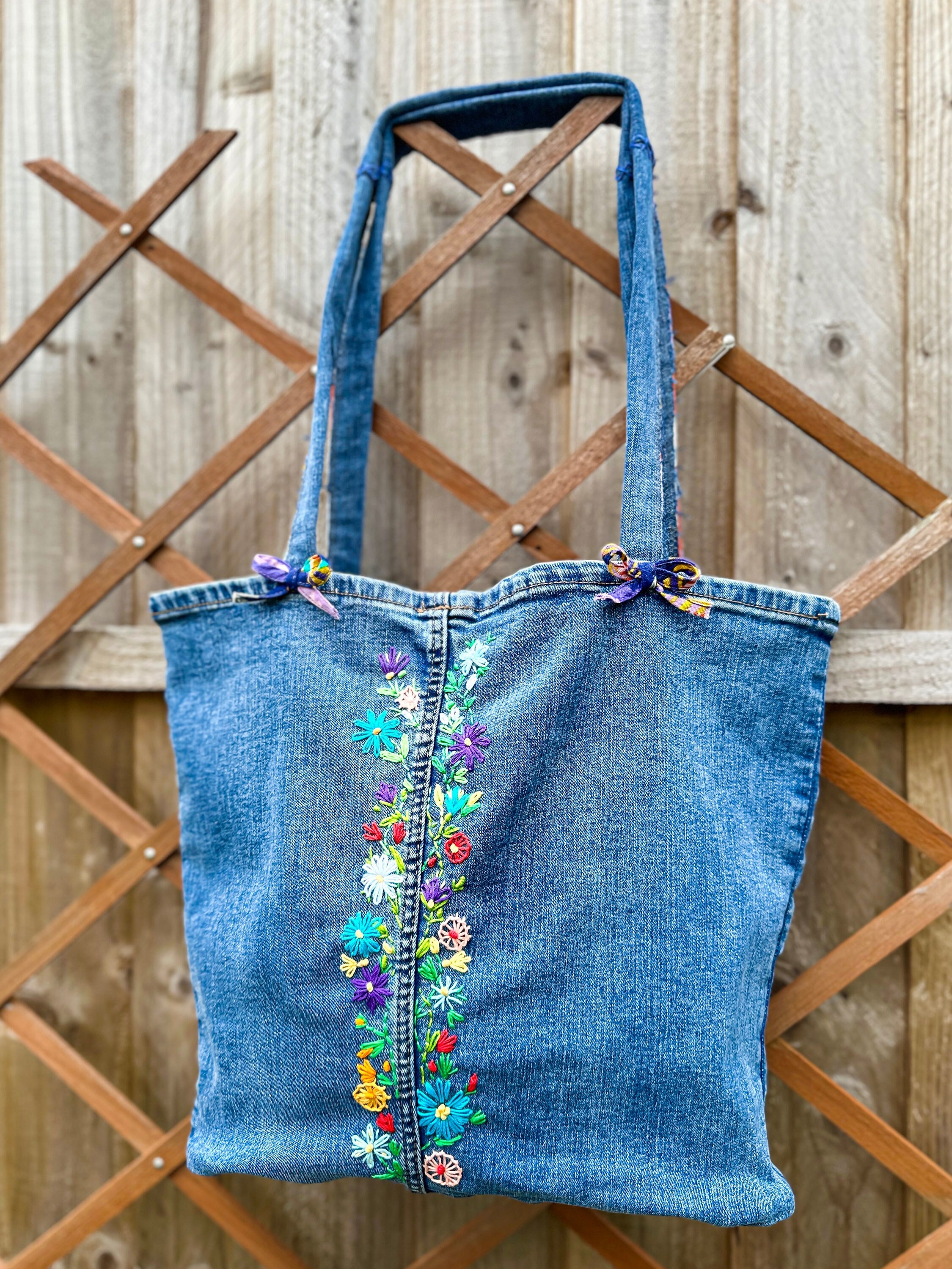 Blue Denim Bag With Flower Embroidery, Handmade Recycled Denim