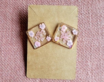 Pink Pressed Floral Resin Earrings - Square