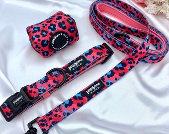 Dog Collar Set, Cute Collar and Leash, Lead Matching Bundle, Small Soft Padded Adjustable, Puppy Walking Accessories, Pink Red Leopard Print