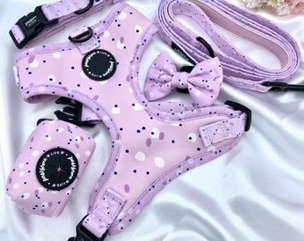 Dog Harness Set, Cute Harness and Leash, Collar Lead Matching Bundle, Small Soft Padded Adjustable, Puppy Walking Accessories, Lilac Dots