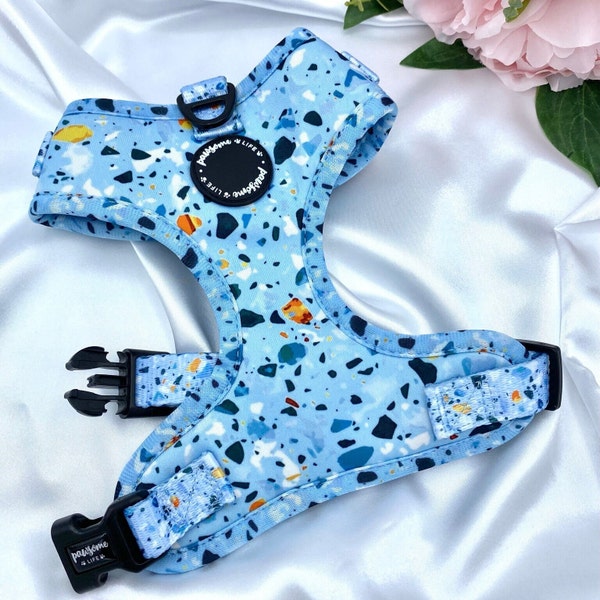 Cute Dog Harness Set, Blue Terrazzo Print Accessories, Birthday Gift For Dogs, Soft Padded Puppy Chest Adjustable Harness, Designer No Pull