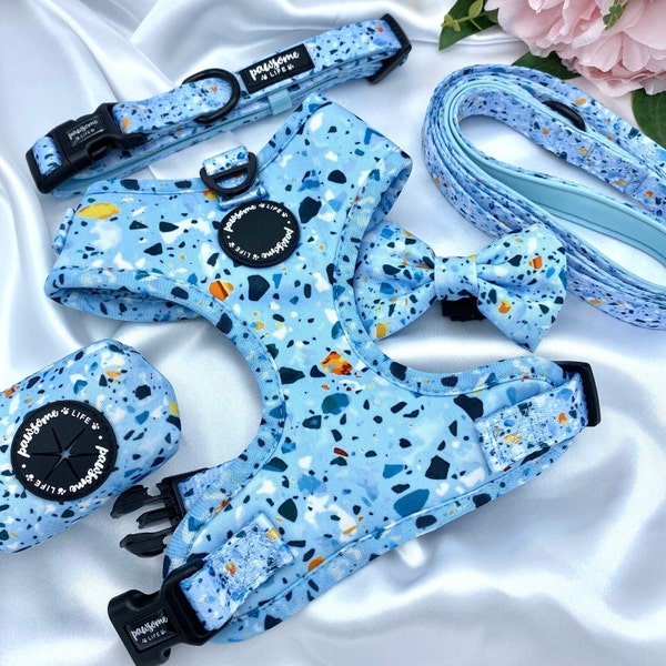 Dog Harness Set, Cute Harness and Leash, Collar Lead Matching Bundle, Small Soft Padded Adjustable, Puppy Walking Accessories, Terrazzo Boy