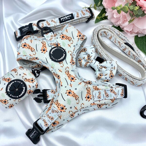 Dog Harness Set, Cute Harness and Leash, Collar Lead Matching Bundle, Small Soft Padded Adjustable, Puppy Walking Accessories, Tiger Animal