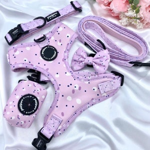 Dog Harness Set, Cute Harness and Leash, Collar Lead Matching Bundle, Small Soft Padded Adjustable, Puppy Walking Accessories, Lilac Dots