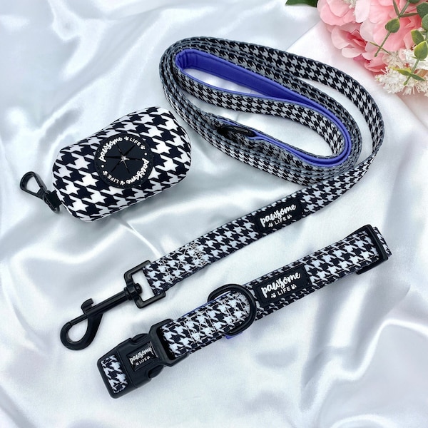 Dog Collar Set, Cute Collar and Leash, Lead Matching Bundle, Small Soft Padded Adjustable, Puppy Walking Accessories, Houndstooth Tweed Boy