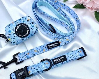 Dog Collar Set, Cute Collar and Leash, Lead Matching Bundle, Small Soft Padded Adjustable, Puppy Walking Accessories, Terrazzo Abstract