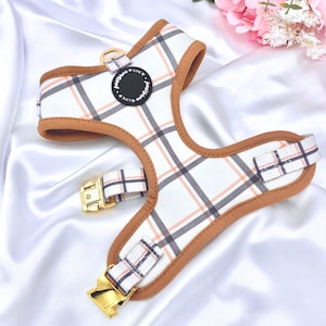 Cute Dog Harness Set, Plaid Tweed Stylish Accessories, Birthday Gift For Dogs, Soft Padded Puppy Chest Adjustable Harness, Designer No Pull