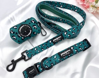 Dog Collar Set, Cute Collar and Leash, Lead Matching Bundle, Small Soft Padded Adjustable, Puppy Walking Accessories, Green Leopard Pattern