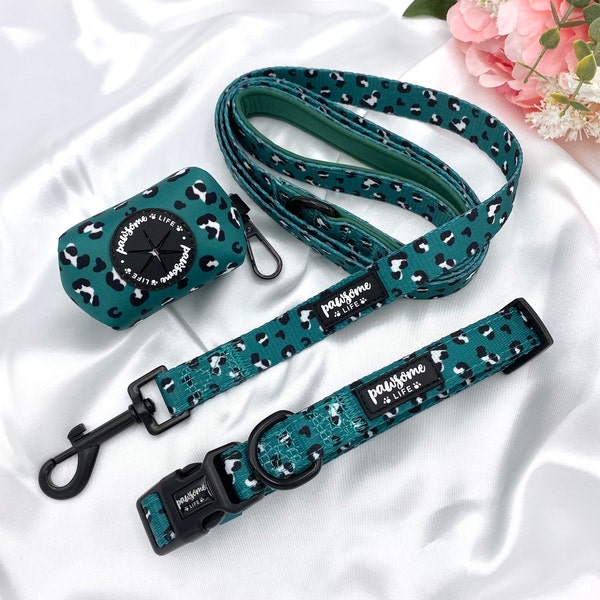 Dog Collar Set, Cute Collar and Leash, Lead Matching Bundle, Small Soft Padded Adjustable, Puppy Walking Accessories, Green Leopard Pattern