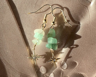 Customized Finish and Floral Accents Natural Gemstone Jewelry Steel Ear Wires Aventurine Dangle Earrings with Amethyst and Aquamarine