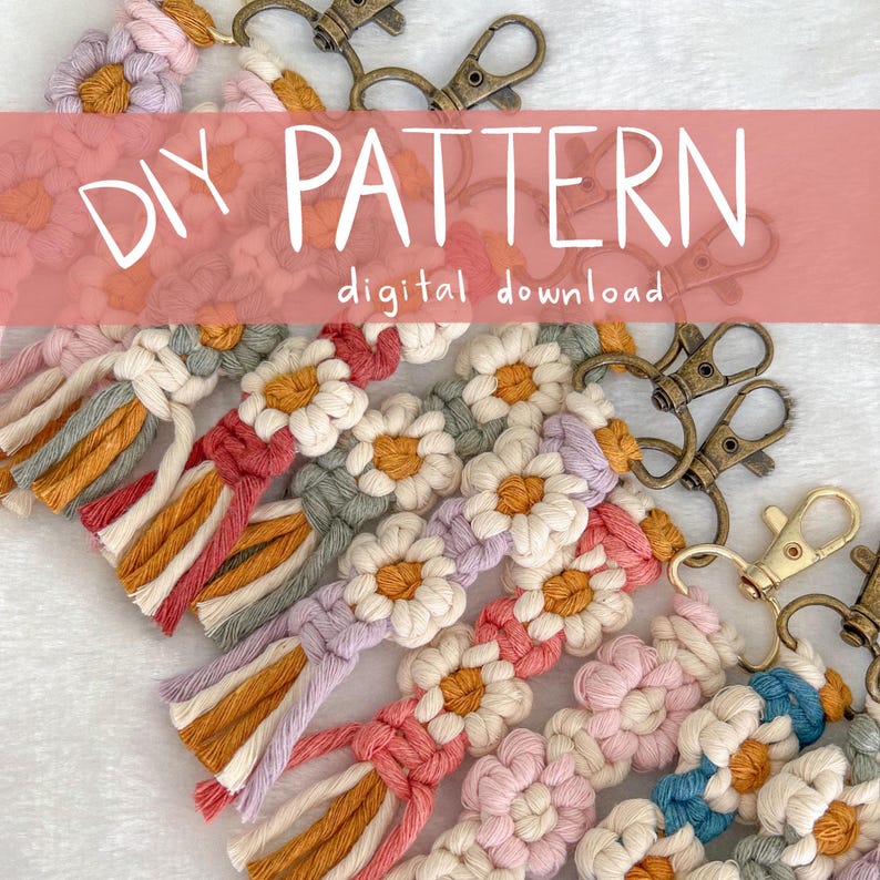 May include: DIY pattern for crocheted daisy keychains. The pattern includes instructions for making keychains in various colors, including pink, green, purple, and blue. The keychains are attached to silver key rings.