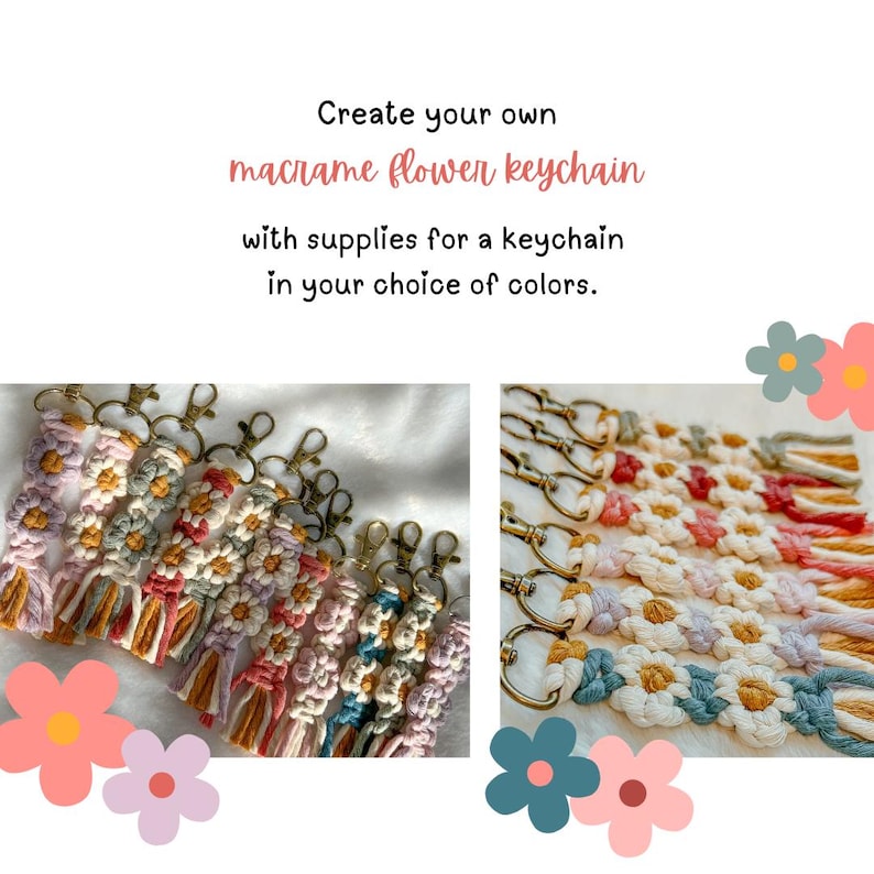 May include: A collection of colorful macrame flower keychains with gold key rings. The keychains are made with different colored yarn and feature a small flower design.